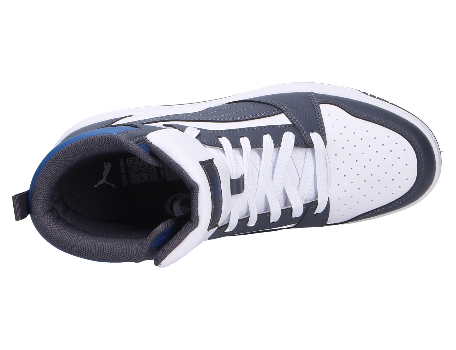 Puma Herren Sneaker in Grau und Weiß aus Synthetikleder, sportlicher Freizeitschuh mit Schnürung und gepolstertem Schaft, Ansicht von oben
