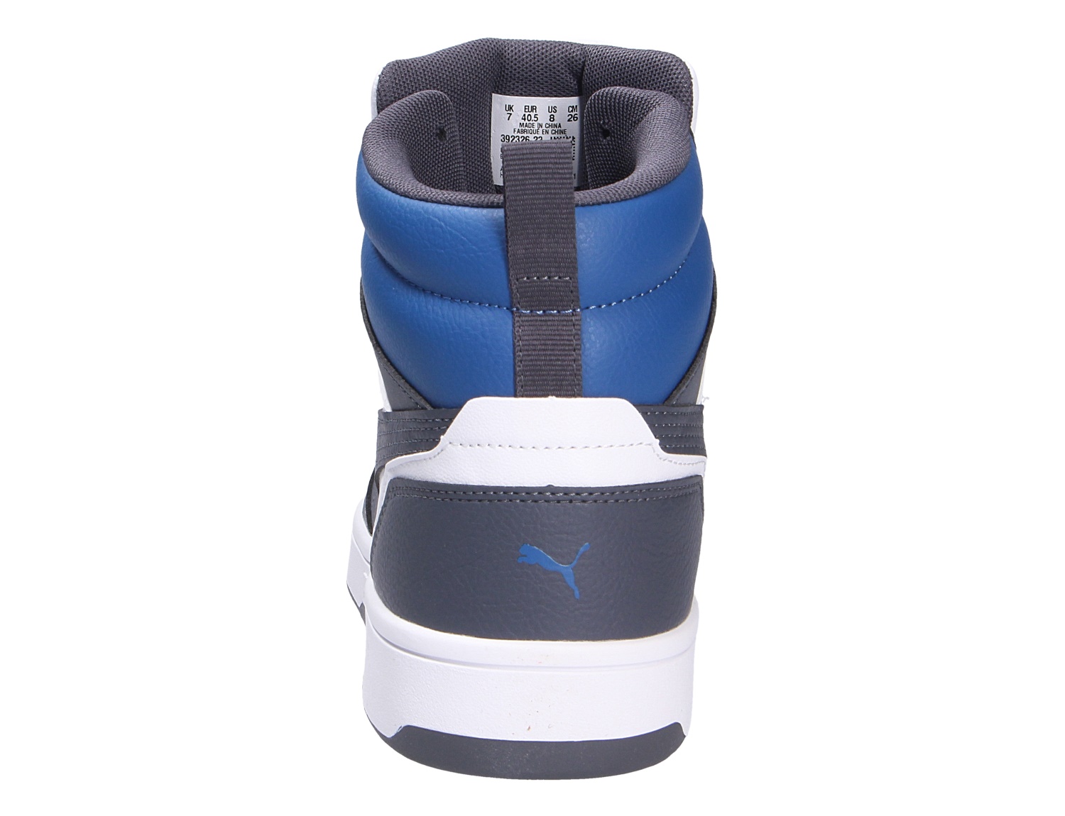 Rückansicht des Puma Herren Sneakers aus grauem Synthetikleder mit blauem Schaft und weißer Sohle, sportiver und bequemer Freizeitschuh für den Alltag