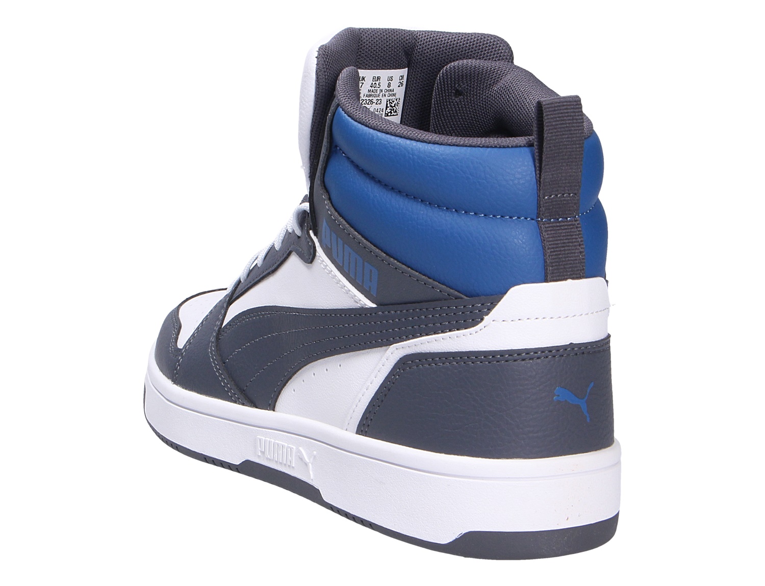 Rückansicht eines Puma Herren Sneakers als High-Top aus Synthetikleder in Grau, Weiß und Blau mit gepolstertem Schaft und weißer Sohle